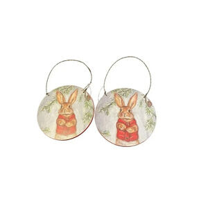 Rabbit Wooden‎ Round Christmas Holiday Ornaments 4 x 4 Set Of 2 Farm Rustic NEW